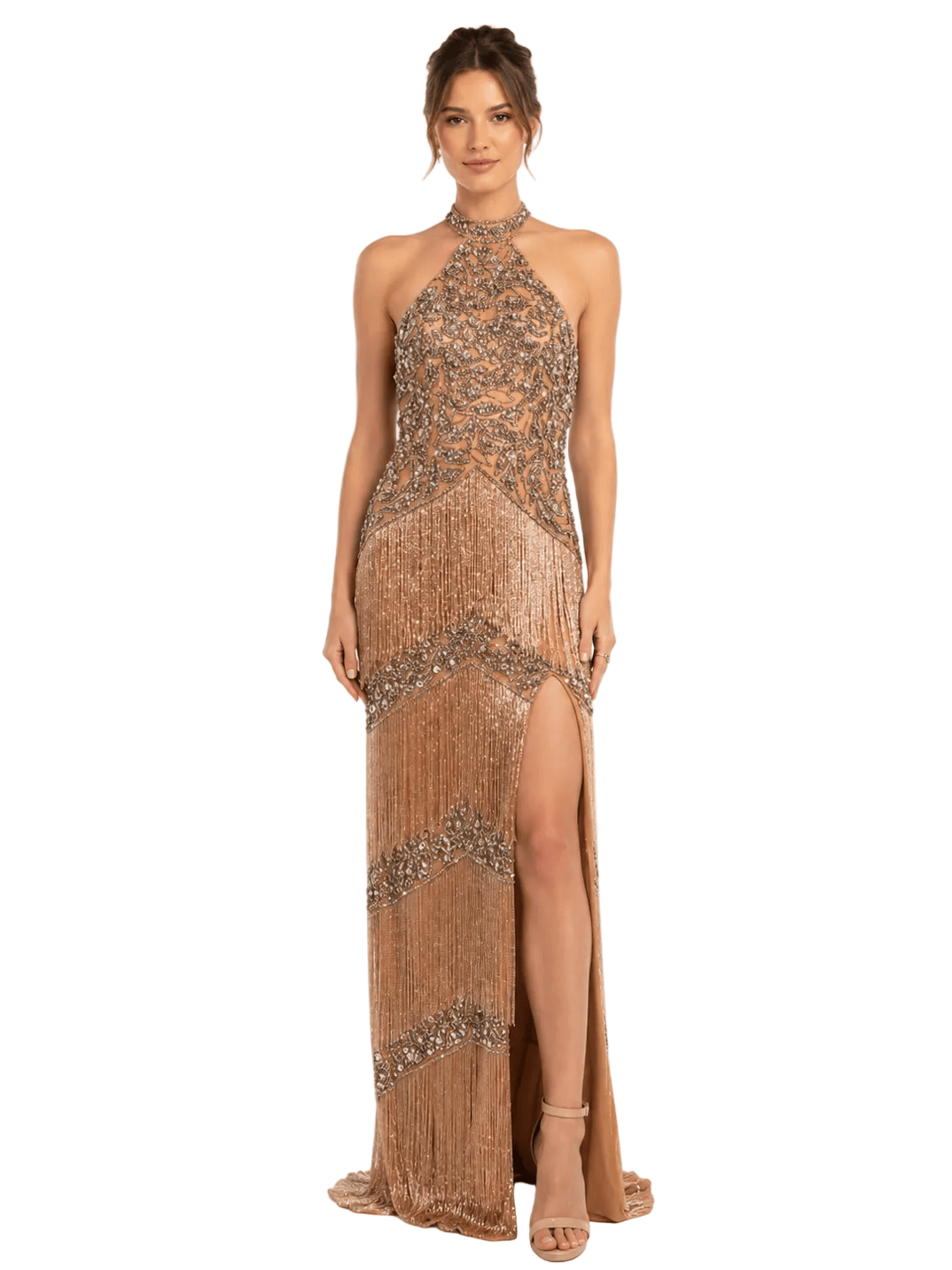 Jovani dresses Jovani 51651 - Dark Nude Fringe Beaded V-Neck Gown