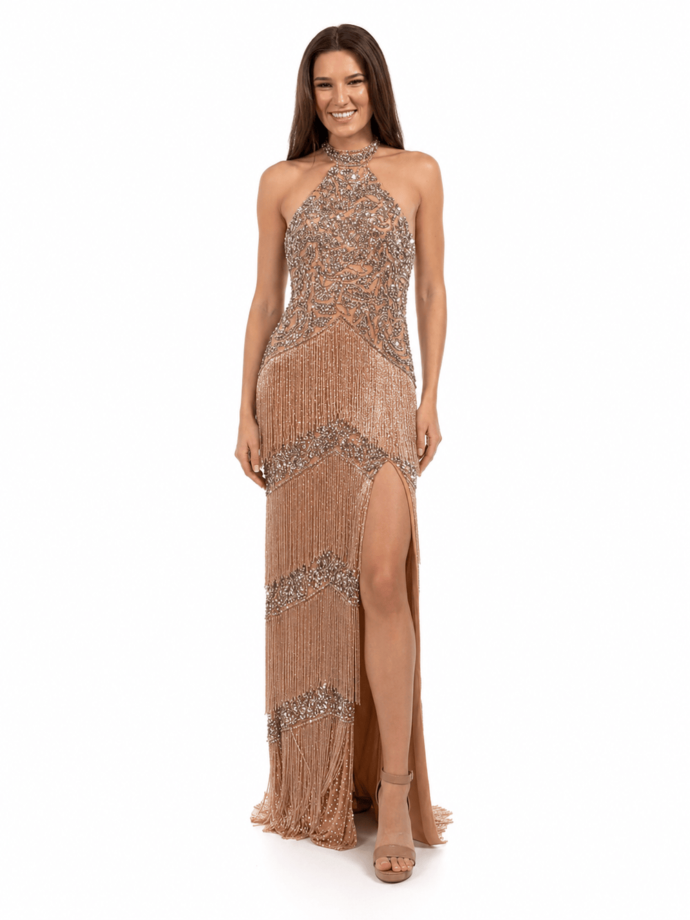 Jovani dresses Jovani 51651 - Dark Nude Fringe Beaded V-Neck Gown