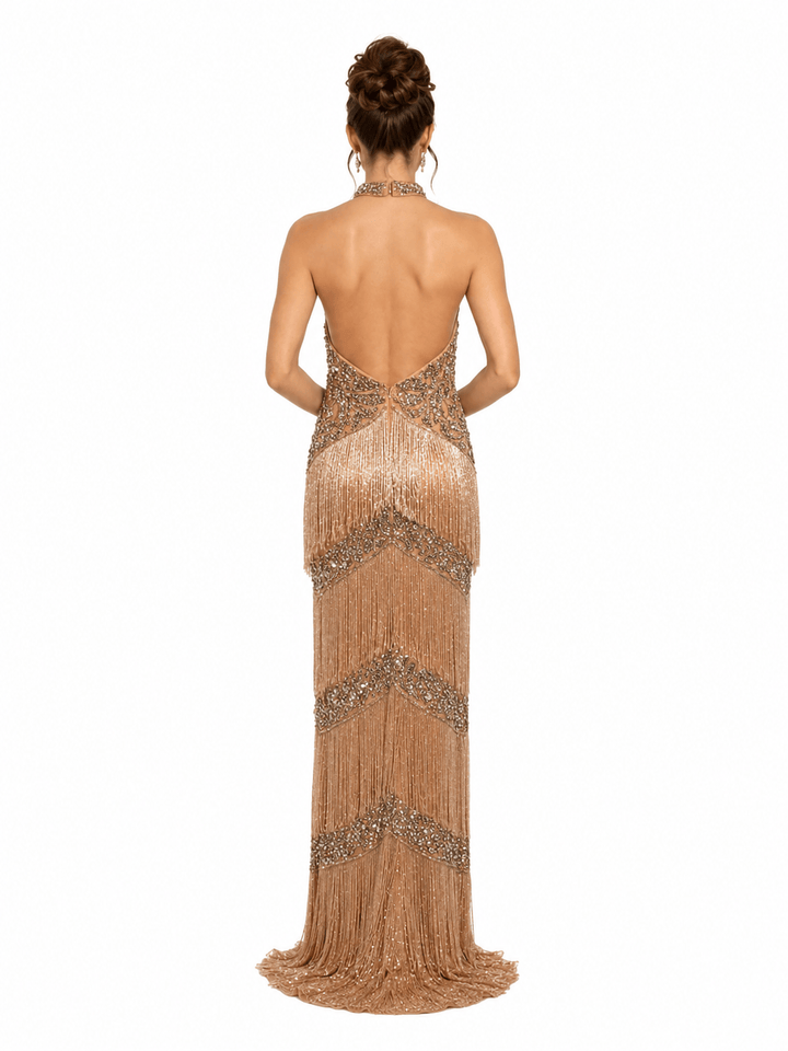 Jovani dresses Jovani 51651 - Dark Nude Fringe Beaded V-Neck Gown