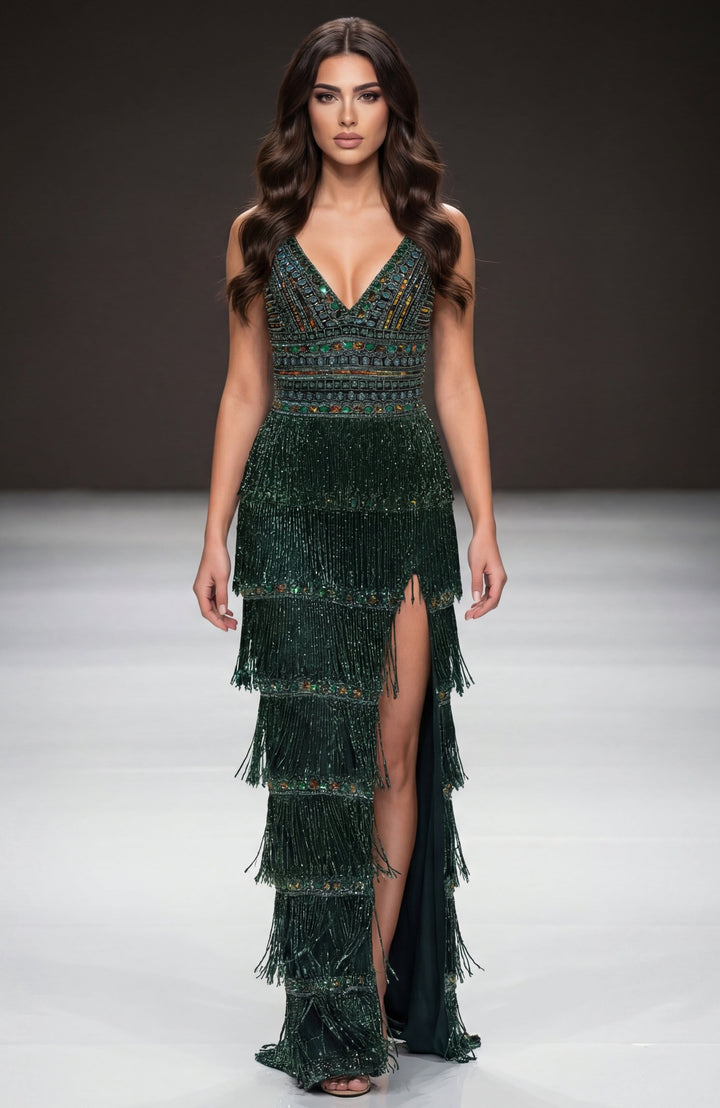 Jovani dresses US4 Jovani 38846 - Dark Green Fringe Beaded V-Neck Gown
