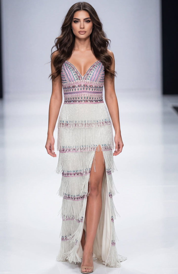 Jovani dresses US8 Jovani 38846 - Ivory Multi Fringe Beaded V-Neck Gown