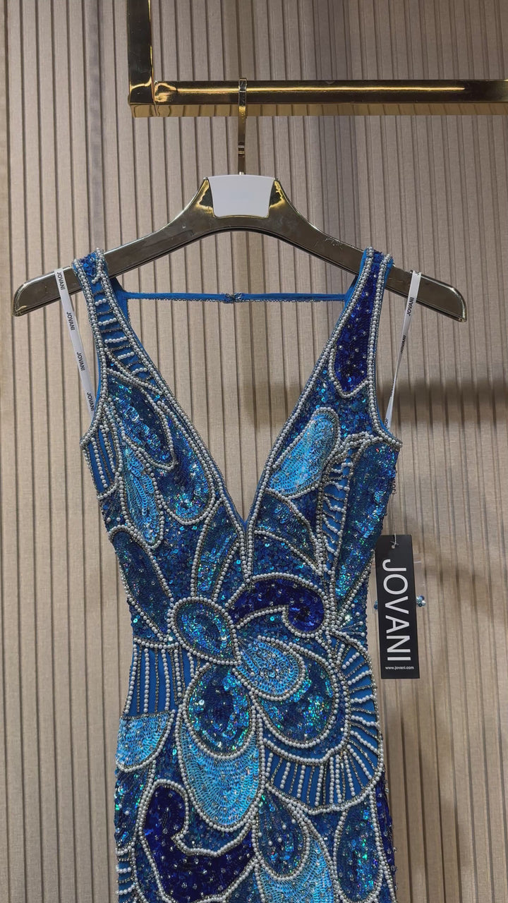 Jovani - 54044 - Peacock Blue Silver