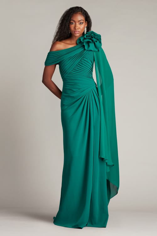 tashadi shoji dresses Tadashi Shoji Rhinestone Floral Off the Shoulder Mixed Media Gown Ivory/Black
